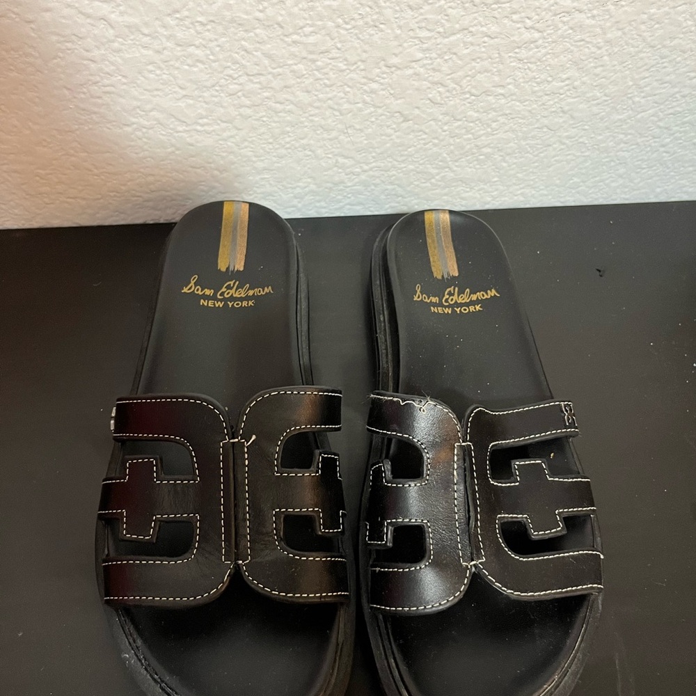 Sam Edelman Black Slide Sandals with Gold Accents